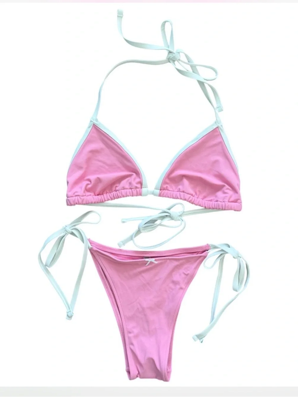 Frankie's Bikinis Pink Triangle Bikini with White Trim NWT XL